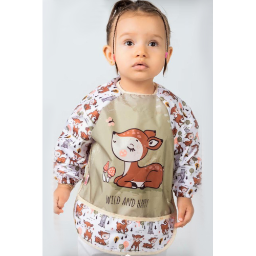 Wild And Happy Karaca Desenli Uzun Kollu Unisex Bebek Mama Önlüğü Sıvı Geçirmez 0-2 Yaş