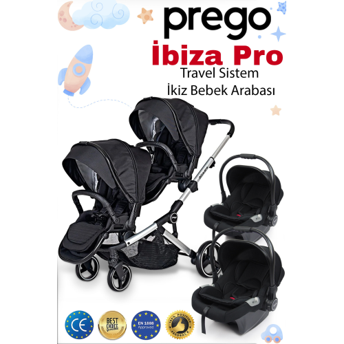 2071 Ibiza Pro Travel Ikiz Bebek Arabası Siyah Tam Set