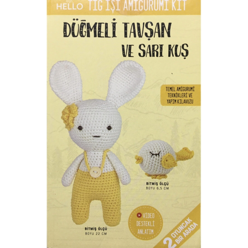 Hello Düğmeli Tavşan Ve Sarı Kuş Amigurumi Yapım Seti - Tam Set - Yeni Başlayanlar Için