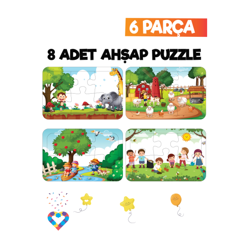 Ahşap Çocuk Puzzle 6 Parça 8 Adet