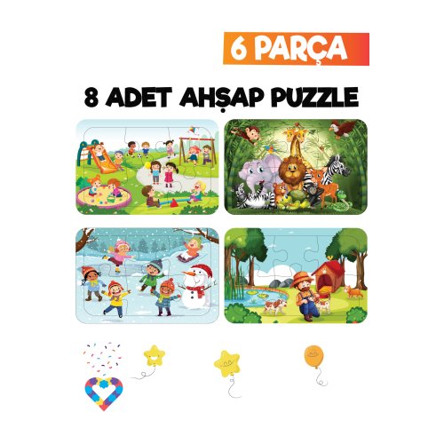 Ahşap Çocuk Puzzle 6 Parça 8 Adet