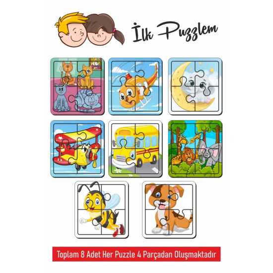 Sevimli Arı, Köpek, Kedi, Aydede, Helikopter, Uçak, Hayvanlar, Kediler Oluşan Ahşap Puzzle 4 Parça