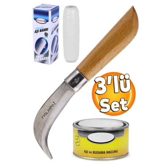 Aşı Bıçağı Eğri Uçlu Bağ Bıçağı Çakısı + Aşı Bandı + Aşı Macunu (3'LÜ SET)