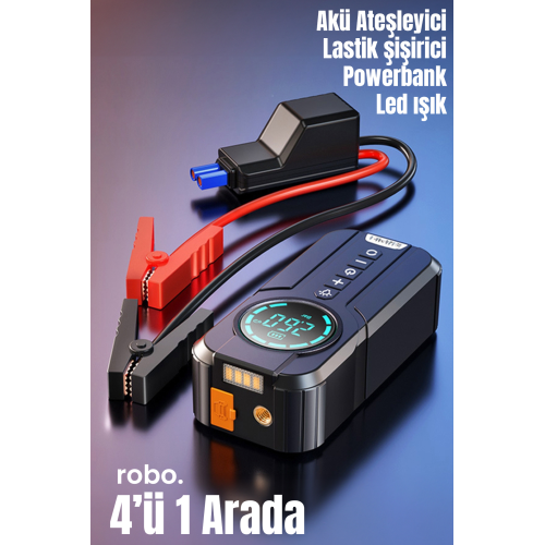 4'ü 1 Arada Şarjlı Akü Ateşleyici Lastik Şişirici Powerbank Led Işık 150psi Yüksek Basınçlı