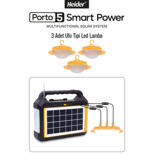 Porto5 Güneş Enerjili Aydınlatma Ve Acil Durum Sistemi - Powerbank - Fm - Bluetooth Hop. - 7.5 Amper