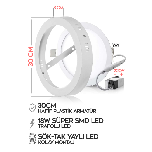 Sl-1029 Sıva Üstü Beyaz Led Armatür A+ Tasarruflu Tavan Armatürü 30cm 220v Smd Led Işık Lamba