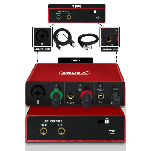 Midex Glx-500 Pro 2 Giriş 2 Çıkış Usb Stüdyo Ses Kartı (XLR KABLO HEDİYE)