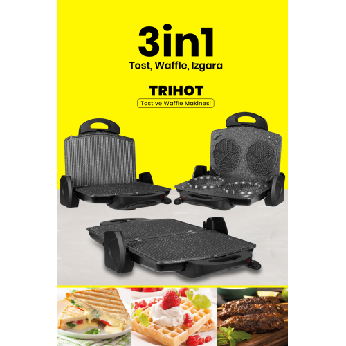 Trihot 3 In 1 Granit Çıkarılabilir Plakalı Waffle Izgara Tost Makinesi 6 Dilim Siyah