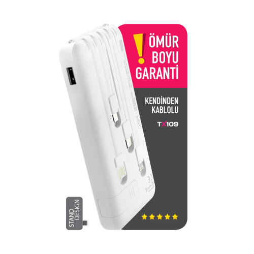 10.000 Mah Kablolu Dijital Göstergeli 10.000 Mah Garantili Dahili Stand TX109 Beyaz Powerbank