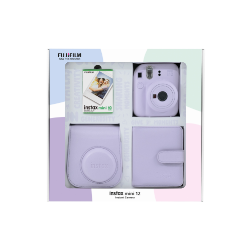 Instax mini 12 Lila Fotoğraf Makinesi 10'lu Film Kare Albüm ve Deri Kılıf Bundle Box