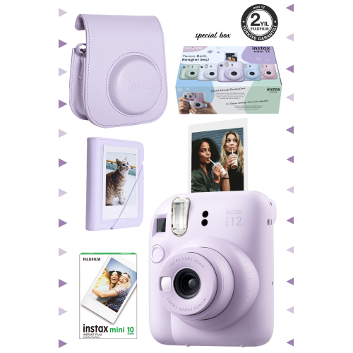 Instax mini 12 Lila Fotoğraf Makinesi-10'lu Film-Mini Albüm ve Deri Kılıf Seti