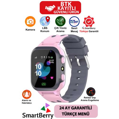 Çocuk Konum Takipli Sim Kart Girişli Lbs Ve Sos Özellikli Akıllı Saat - Pembe