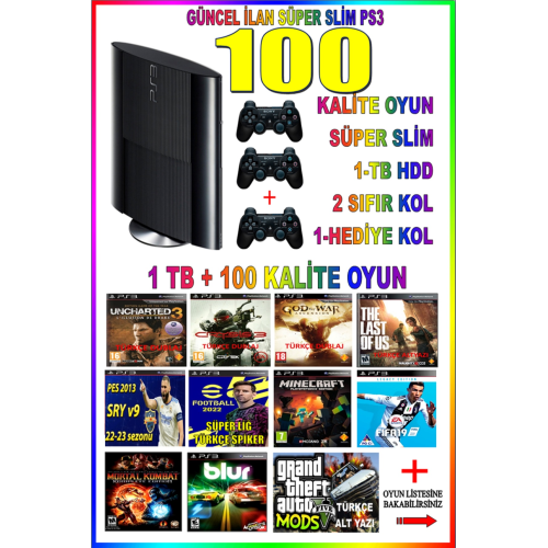 Ps3 1 Tb Süper Slim 100 Dijital Oyun 2 Kablosuz Kol (06 Ay Cihaz Garanti ) (YENİLENMİŞ PS3)