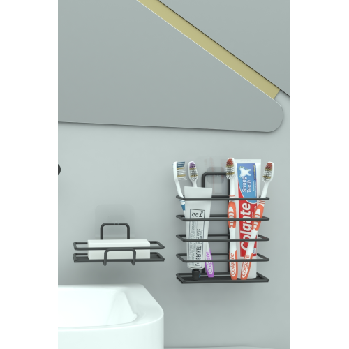 Yapışkanlı Metal Diş Fırçalık + Banyo Sabunluk 2li Set