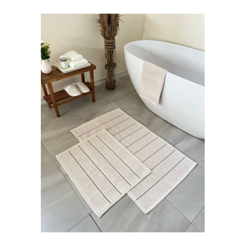 Basic Stripe Doğal Pamuklu 2'li Banyo Paspas Seti 60x100 50x60 Cm Ekru / Siyah Çizgili