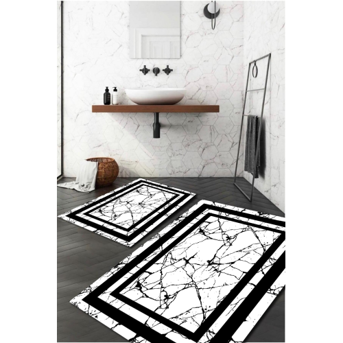 Şerit Detaylı Mermer Desenli 2'li Banyo Paspas Takımı (60x100/40x60) - Wlly217