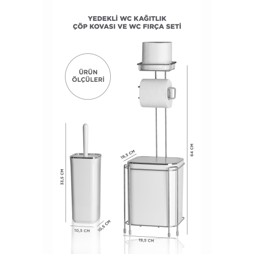 Krom Yedekli Wc Kağıtlık - Beyaz Çöp Kovası Ve Wc Fırça Seti