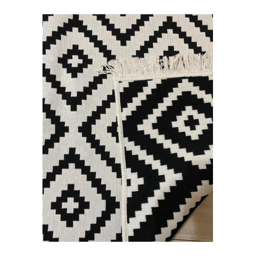 Çift Taraflı Kilim Modern Desenli Yıkanabilir Dokuma Kilim Yolluk Siyah Beyaz Asls