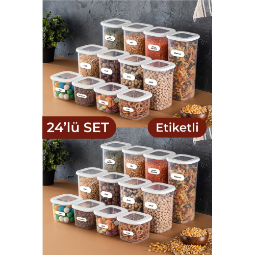 Foly Etiketli Kare Erzak Saklama Kabı 24'lü Set 8x(0,55 LİTRE, 1,2 LİTRE, 1,75 LİTRE) Beyaz