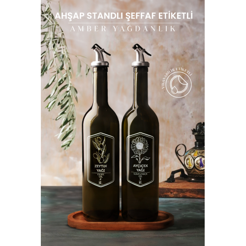 Ahşap Standlı Amber 2'li 750 Ml Zeytinyağı Sıvıyağ Şişesi - Ahşap Altlıklı Etiketli Cam Yağlık Seti