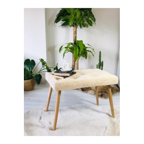 Gürgen Retro Ahşap Ayaklı Handmade Krem Pofidik Puf Bench Koltuk Sandalye