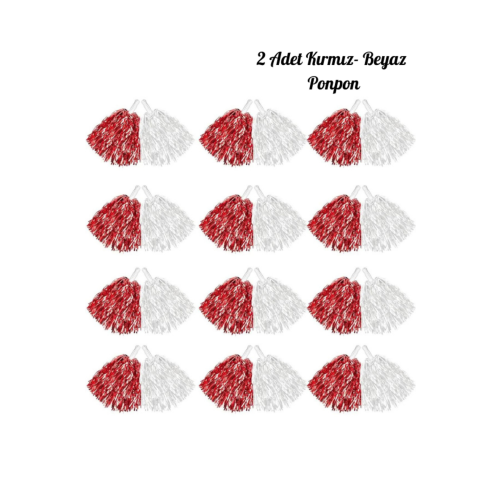 Kırmızı Beyaz Renkli 2'li 23 Nisan Ponponu Amigo Gösteri Okul Ponpon Parlak Metalik Renk Saplı Süs