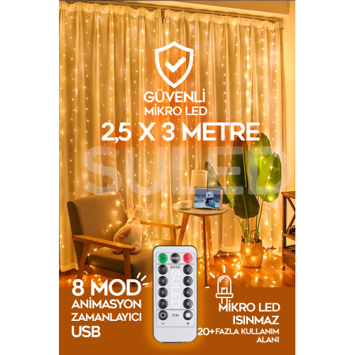 Sl-1002 Perde Led Kumandalı 8 Mod Ambiyans 2,5x3 Metre Ayarlabilir Dekor Mikro Led Işık Perde