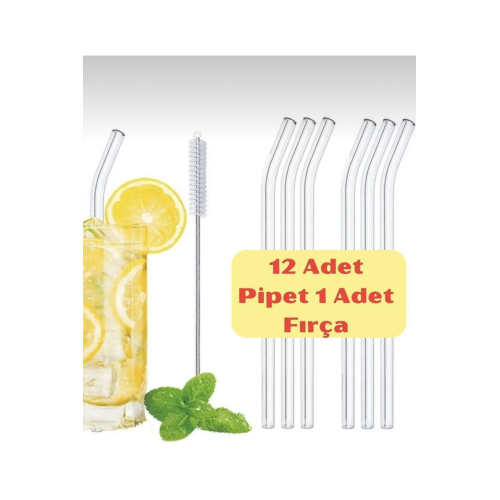 Cam Pipet 12 Adet + 1 Adet Temizleme Fırçası Isıya Dayanıklı Eğimli Pipet