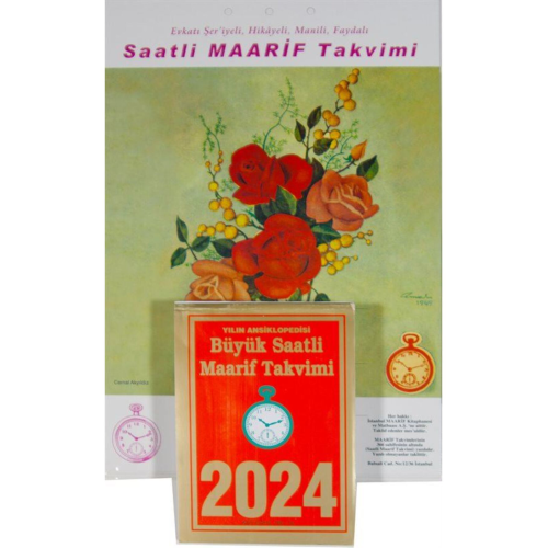 2024 Büyük Saatli Maarif Takvimi ve Gül Çiçek Görselli Arka Karton (Kod:06) & 11,5 x 16 Ebat Saat...