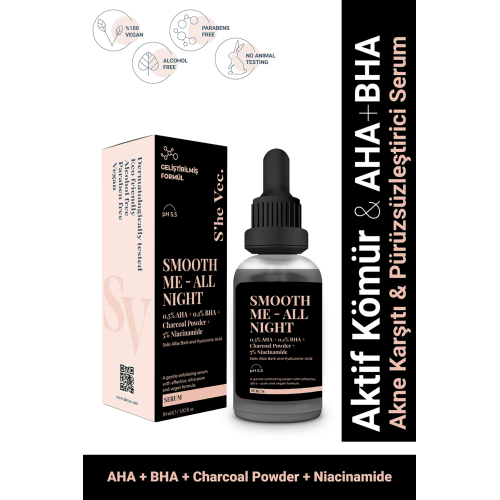 Smooth Me– All Nıght | Aktif Kömür İçeren Matlaştırıcı ve Cilt Kusur Görünümünü Azaltıcı Siyah Serum