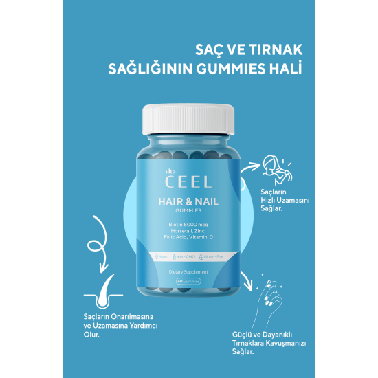 Saç Tırnak Vitamini Çiğnenebilir Vegan Gummy Biotin 5000, Vitamin D, Çinko, Folik Asit, At Kuyruğu