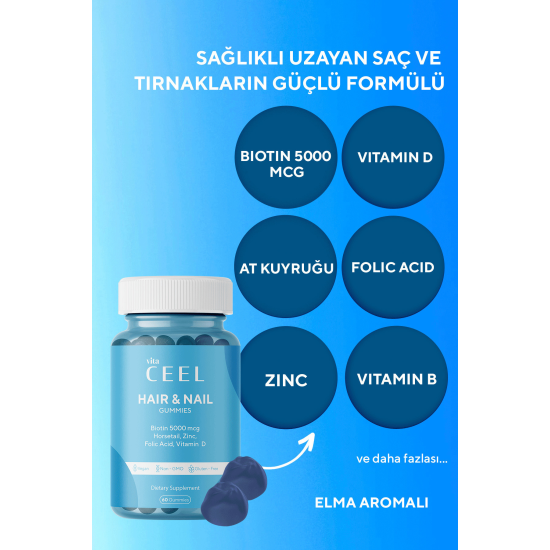 Saç Tırnak Vitamini Çiğnenebilir Vegan Gummy Biotin 5000, Vitamin D, Çinko, Folik Asit, At Kuyruğu