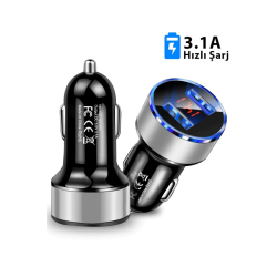 Çakmaklık Oto Araç Hızlı Şarj Aleti 3.1a Usb Çift Girişli Siyah Led Ekranlı