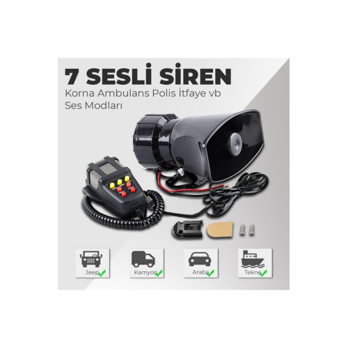 Her Araca Uyumlu Universal 7 Sesli Konuşmalı Mikrofonlu Megafonlu Polis Siren