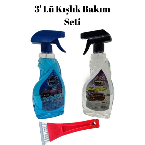 Oto Cam Buz Çözücü Sprey 500 ml & Araç Buğu Önleyici 500 ml Ve Araba Buz Kazıyıcı Oto 3’lü Set