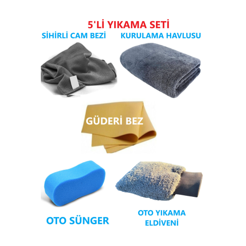 5'li Mikrofiber Oto Yıkama Seti-kurulama Silme Bezi Cam Bezi Güderi Oto Eldiveni Oto Sünger