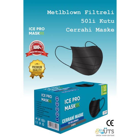 Icepro Siyah Cerrahi Maske - Meltblown Filtreli - Burun Telli - 50li Kutu (üts Kayıtlı)