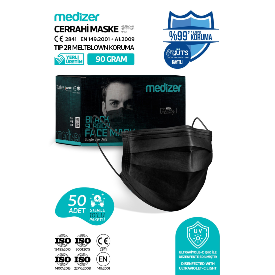 Medizer Siyah Cerrahi Maske Meltblown - 50 Adet